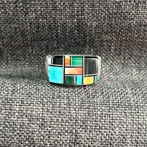 Native American Sterling Inlaid Stones Ring, Sz 10